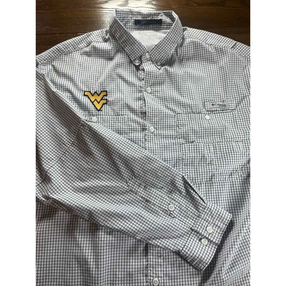 Columbia Super Tamiami LS Shirt 2XL Blue White Plaid West Virginia Embroidered